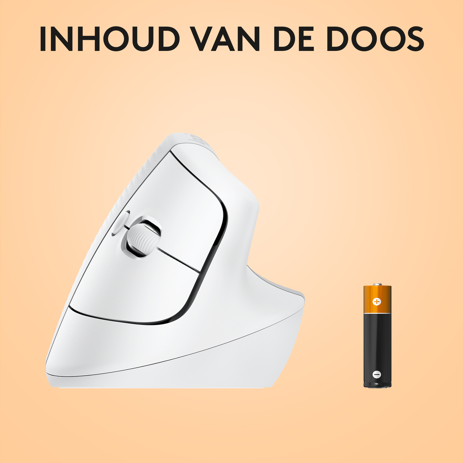 Een witte ergonomische muis en een zwarte batterij op een beige achtergrond met tekst erboven.