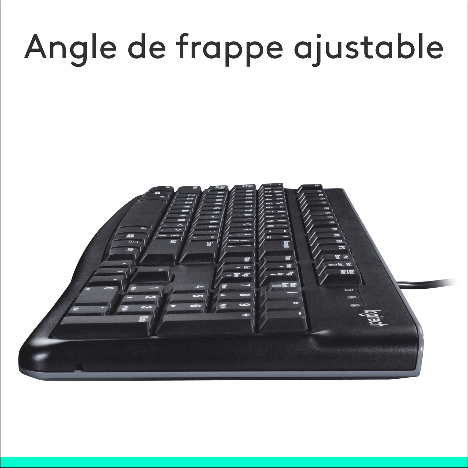 Black keyboard with adjustable typing angle, side view, on white background.