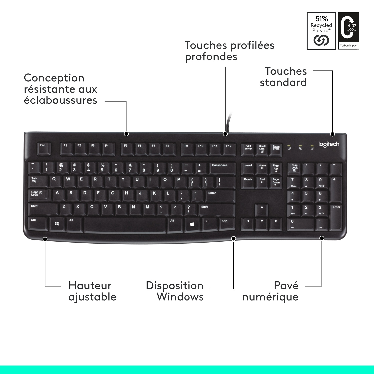 A black keyboard with labeled keys and highlighted features. White background.