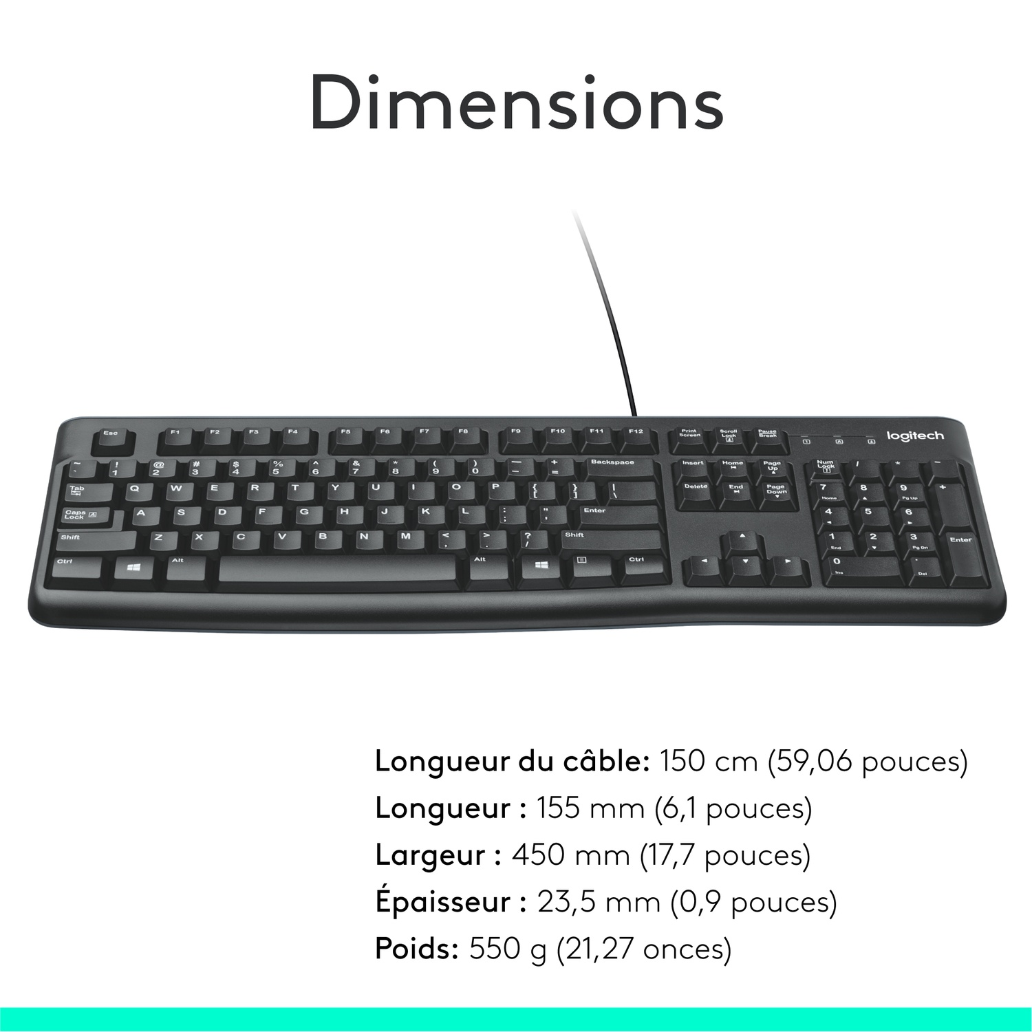 Black computer keyboard with dimensions and text.