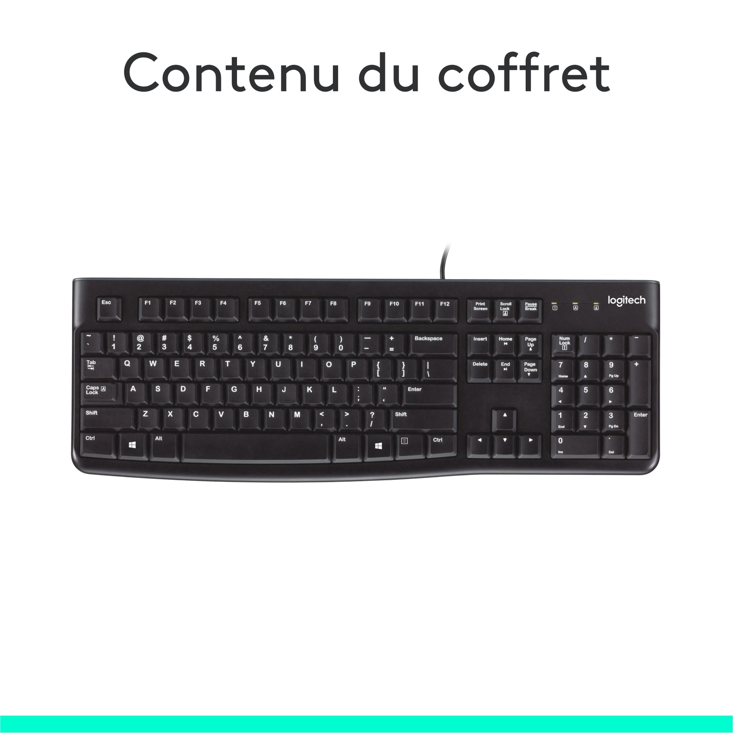 Black keyboard with white letters.