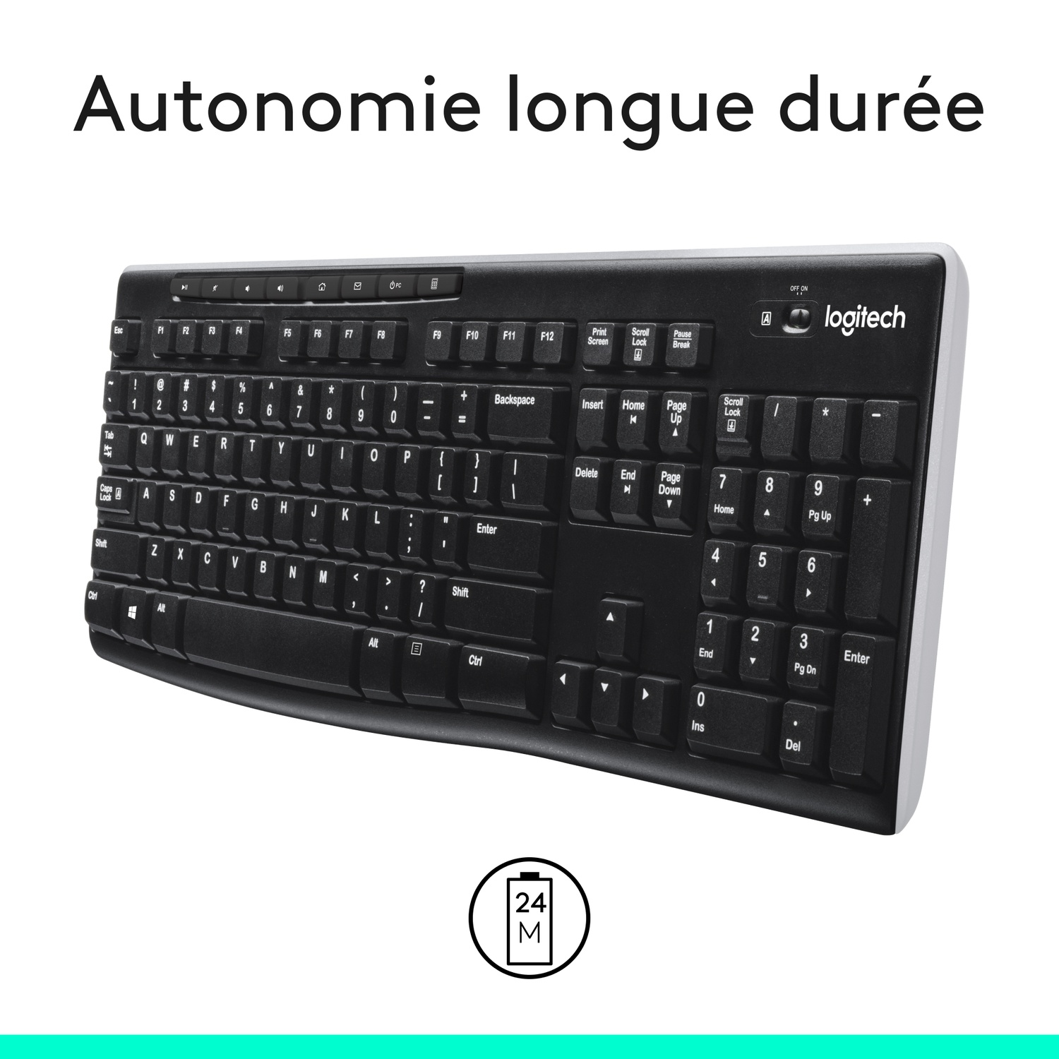 Clavier noir avec longue durée de vie de la batterie, sur fond blanc, avec une icône de batterie.