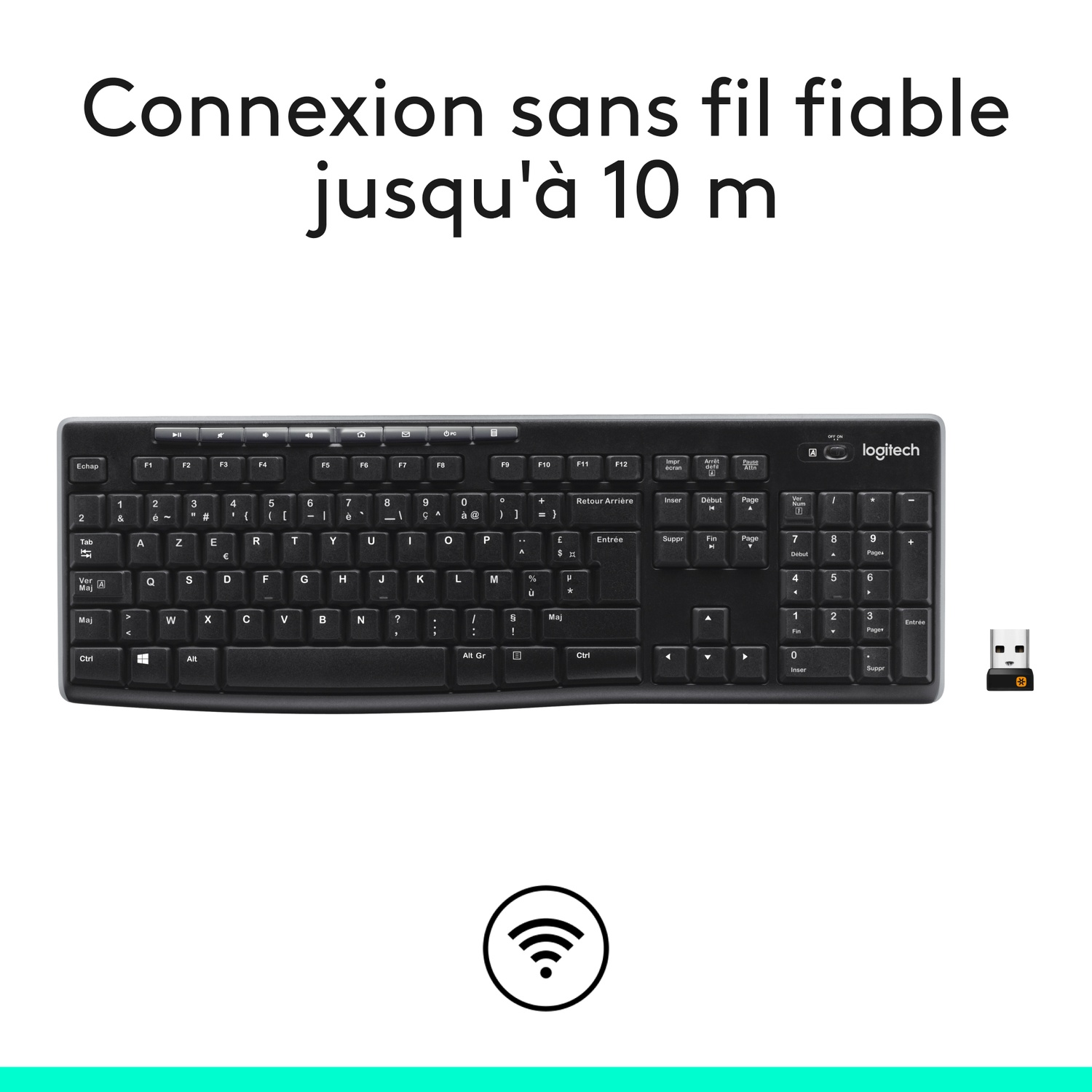 Clavier noir, connexion sans fil, avec un récepteur USB et une icône wifi sur fond blanc.