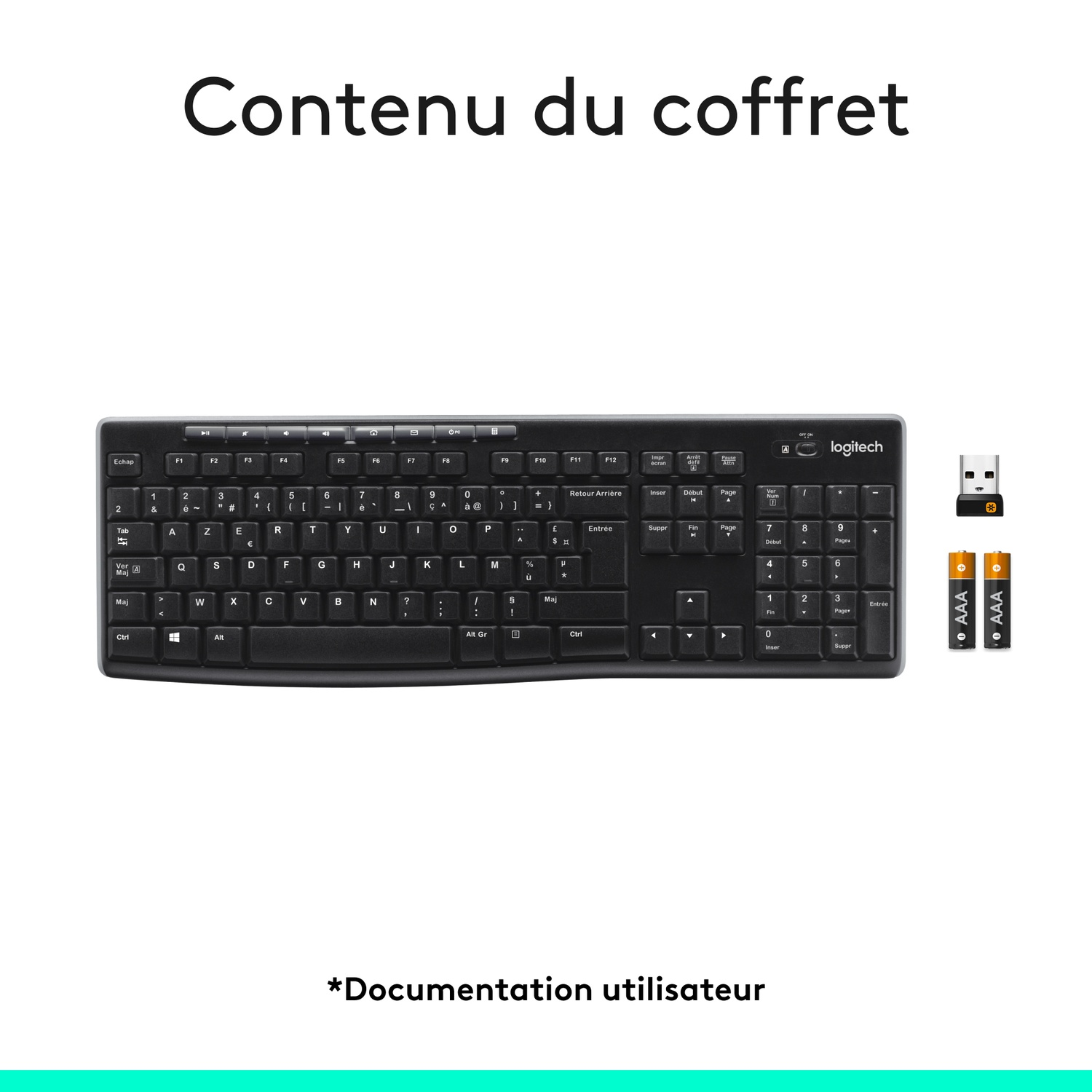 Black keyboard, USB receiver, and AAA batteries on white background. Box contents are displayed.