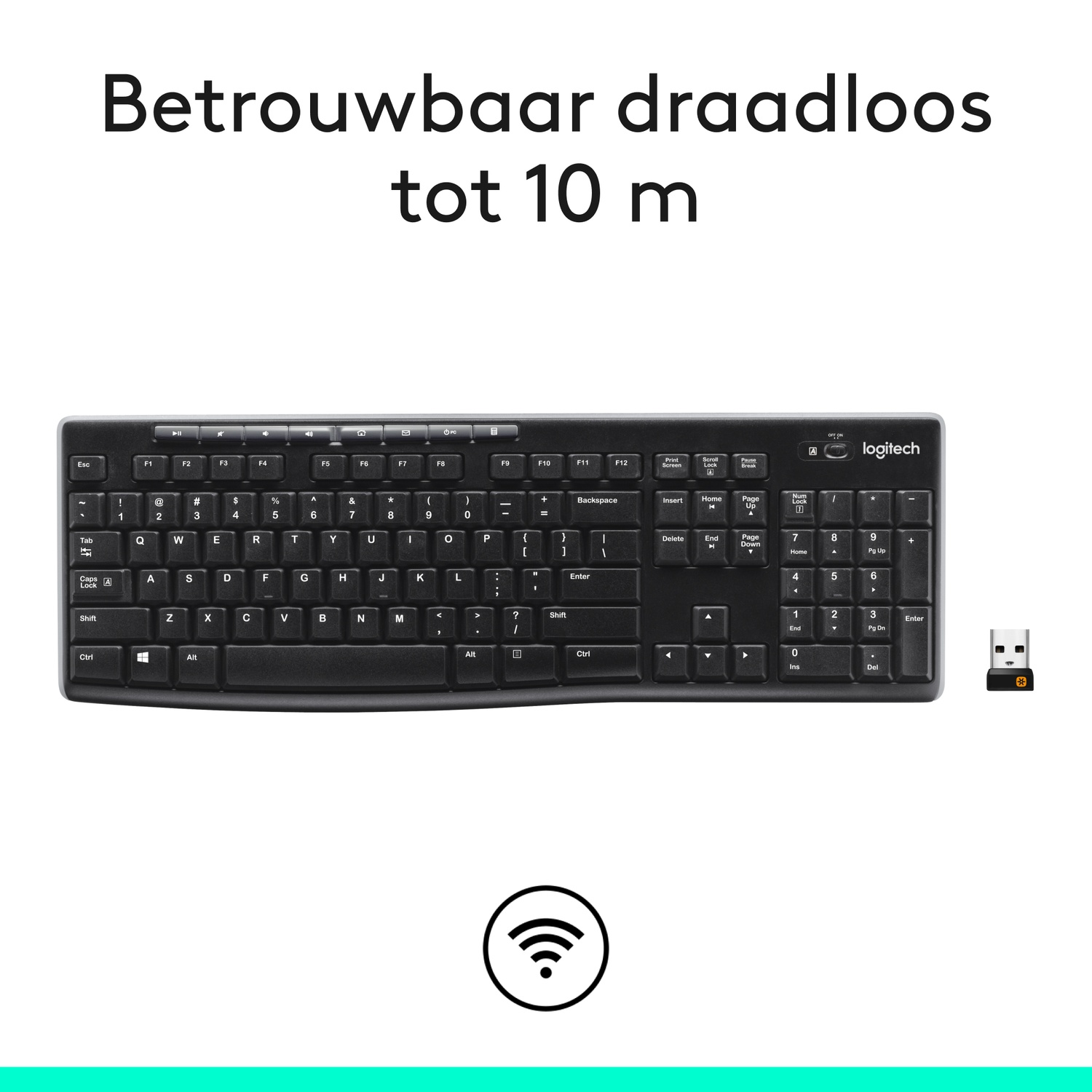 Black wireless keyboard with a wireless symbol and the text: 'Reliable wireless up to 10m'.