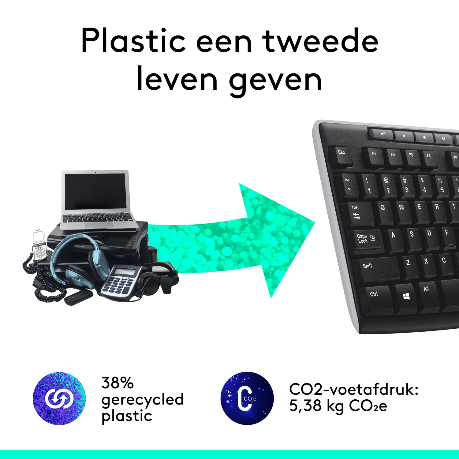 A black keyboard is made from recycled plastic.