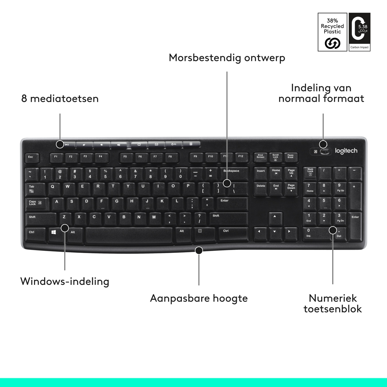 Black keyboard with keys labeled, including a numeric keypad and media keys. Logitech brand.
