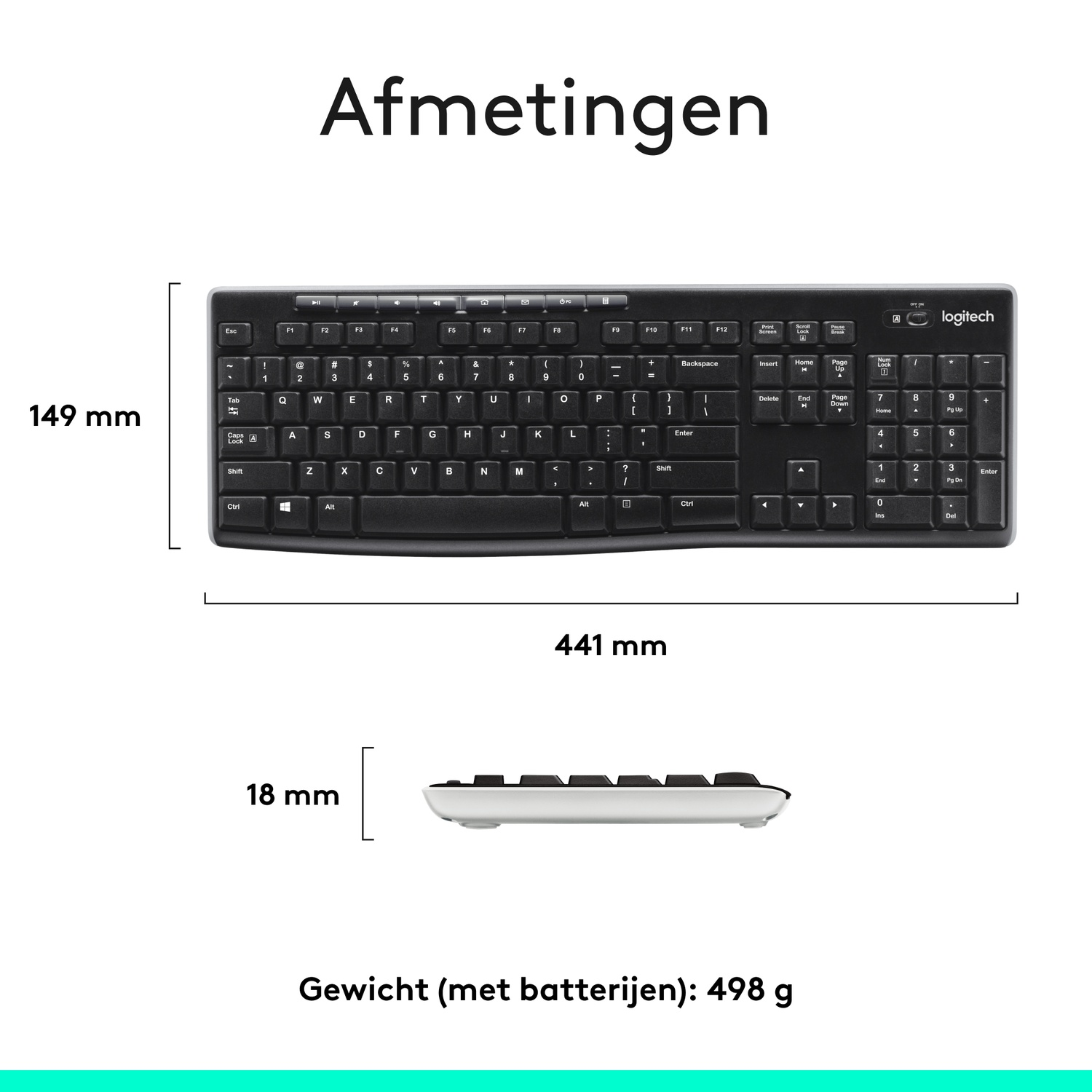Diagram of a black keyboard with dimensions: 441mm long, 149mm high, 18mm thick. Weight 498g.