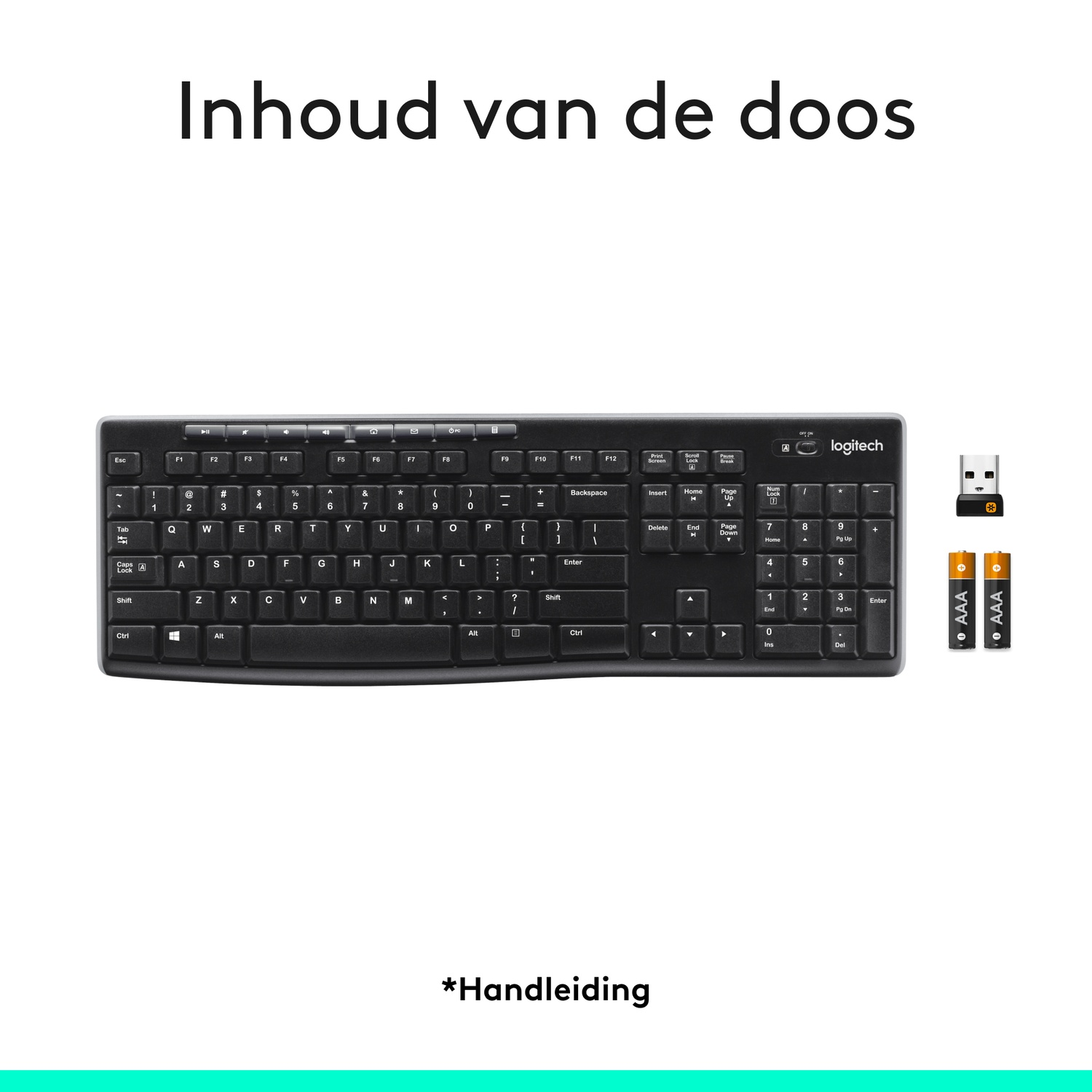 Logitech keyboard, USB receiver, and AAA batteries, with the text 'Inhoud van de doos'.