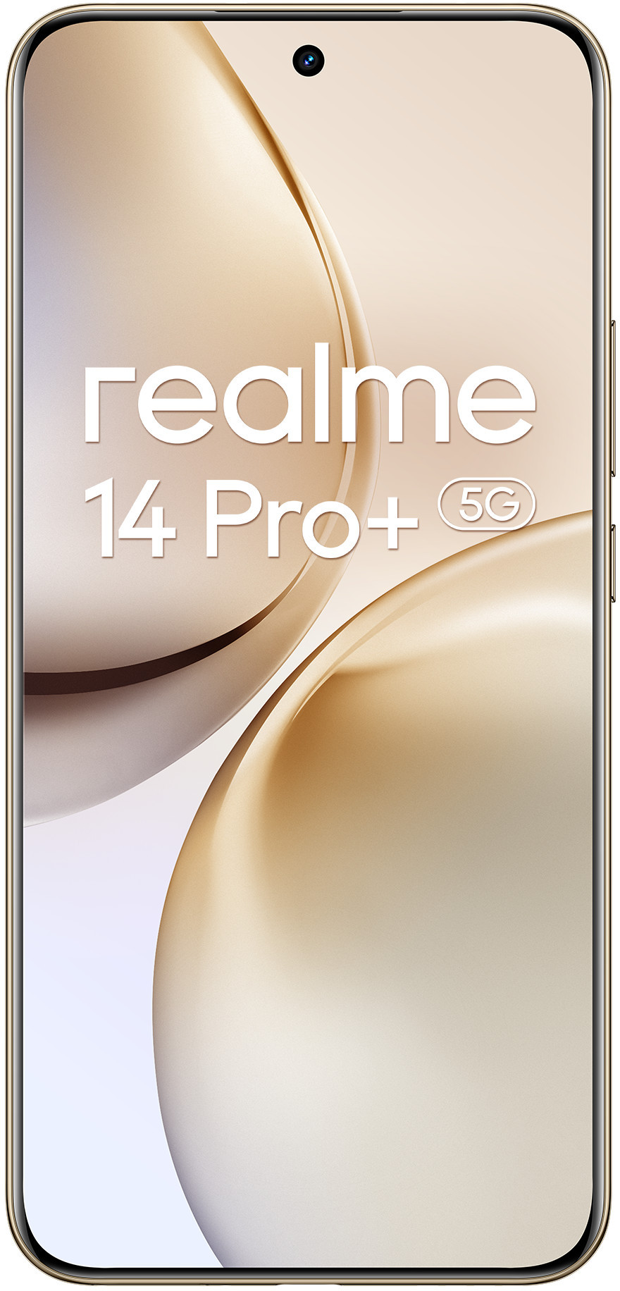 Złoty i biały smartfon z napisem 'realme 14 Pro+ 5G'. Białe tło.