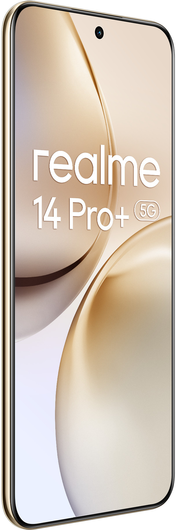 Złoty smartfon z tekstem 'realme 14 Pro+ 5G' jest wyświetlany.
