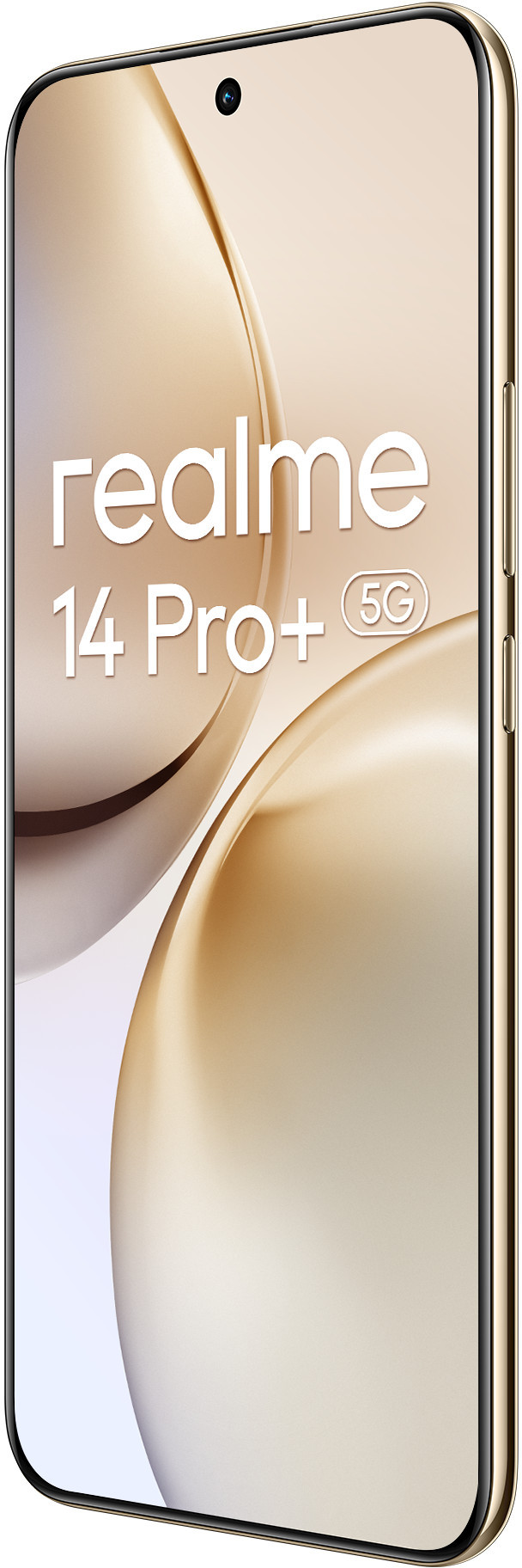 Złoty i biały smartfon. Urządzenie jest przechylone, ekran jest widoczny. Białe tło.