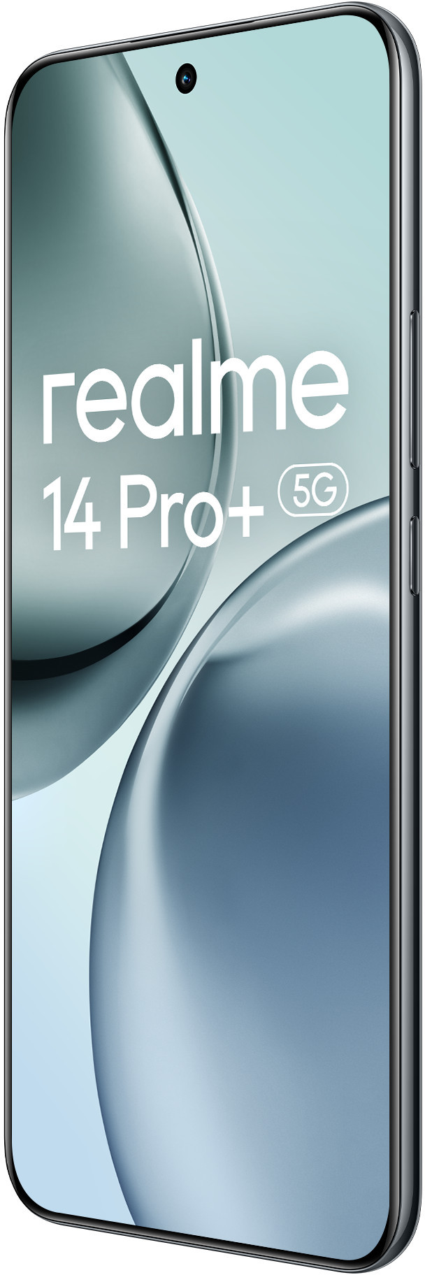 Smartfon ze srebrną ramką. Ekran pokazuje faliste tło. Białe tło.