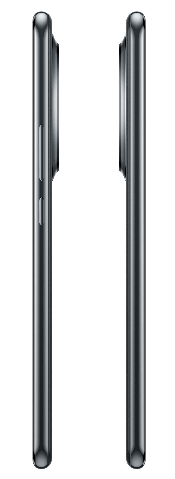 Dwa smartfony z boku. Czarna ramka i obudowa. Białe tło.