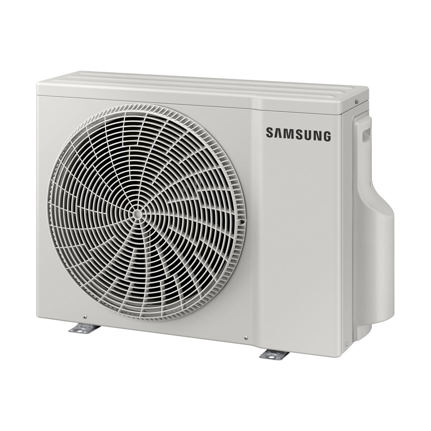 Unità di condizionatore Samsung bianca con ventola visibile. Testo 'SAMSUNG'.