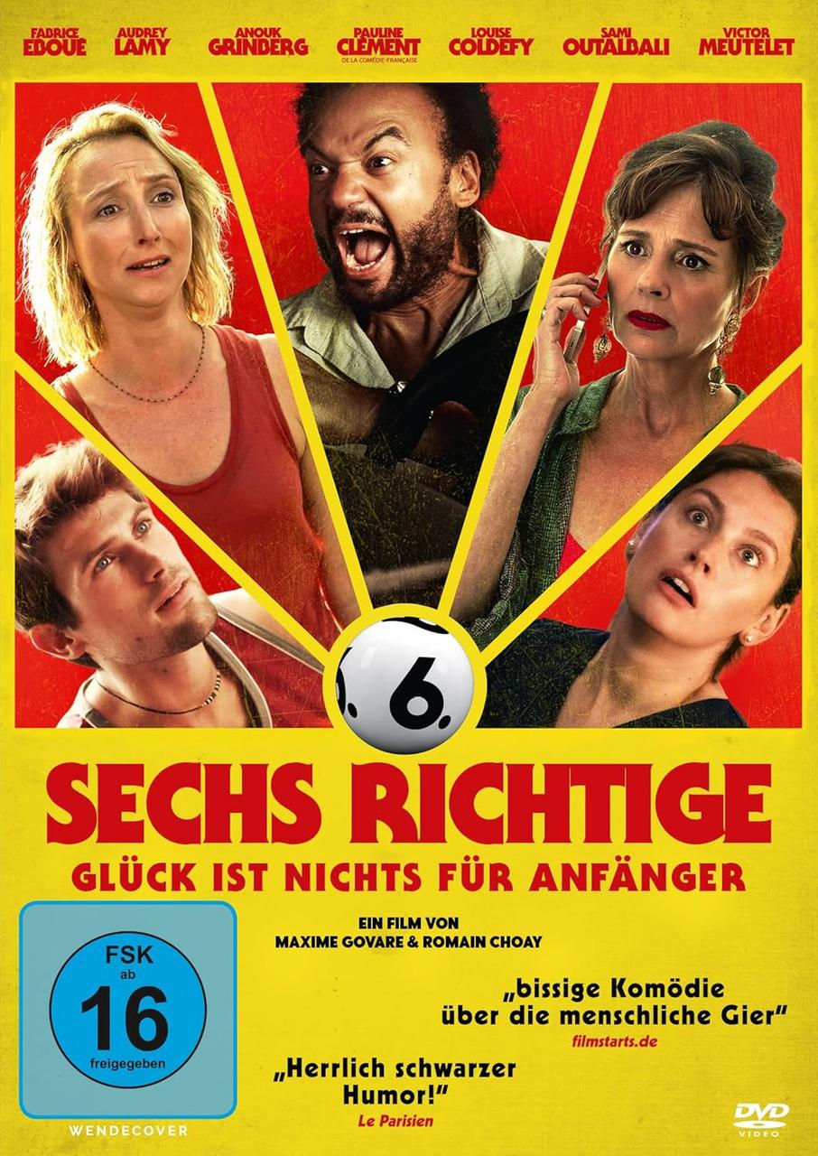 Filmposter mit sechs Gesichtern. Titel lautet 'SECHS RICHTIGE'. Roter Hintergrund. Verschiedene Schauspieler.