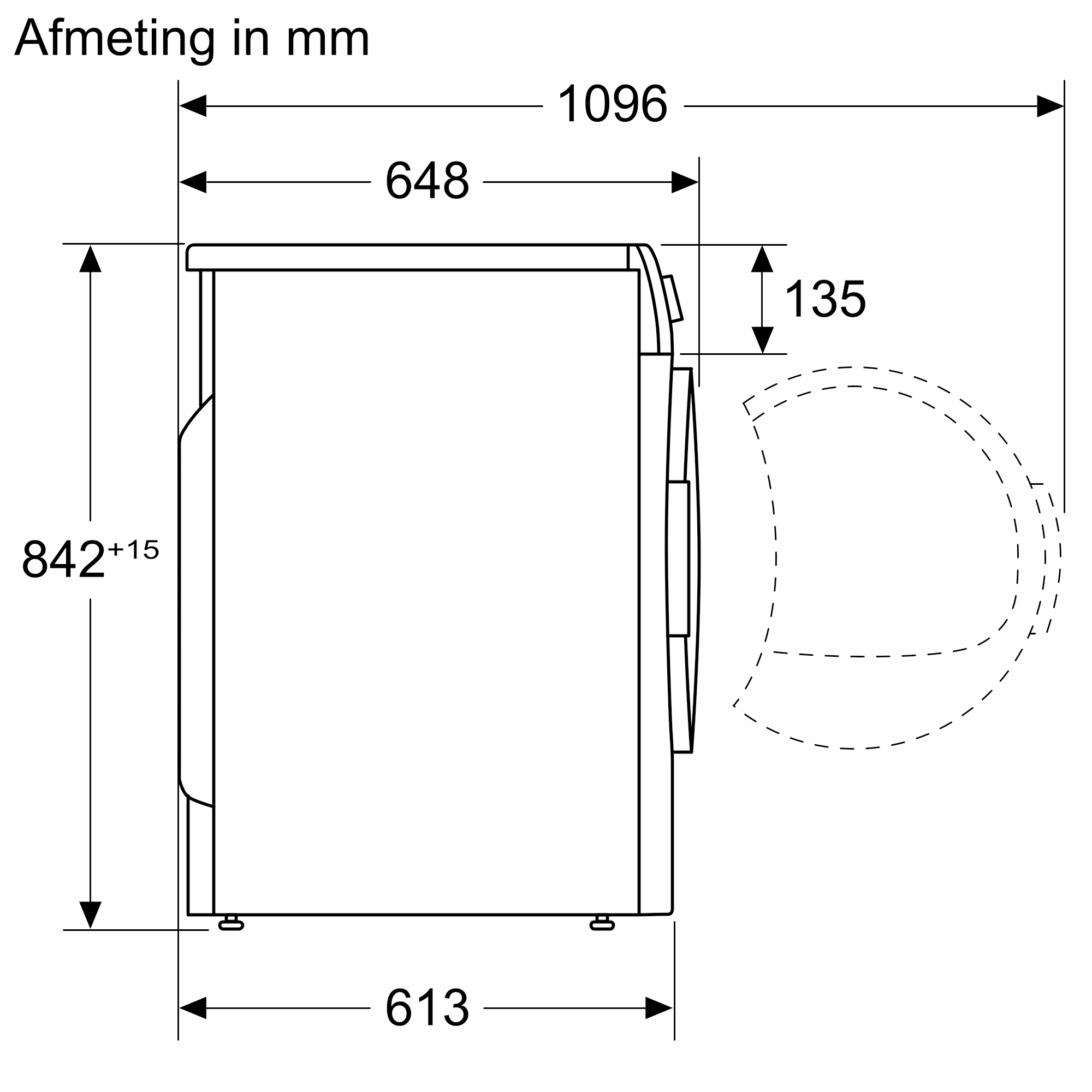 A diagram of a washing machine, showing dimensions and measurements.