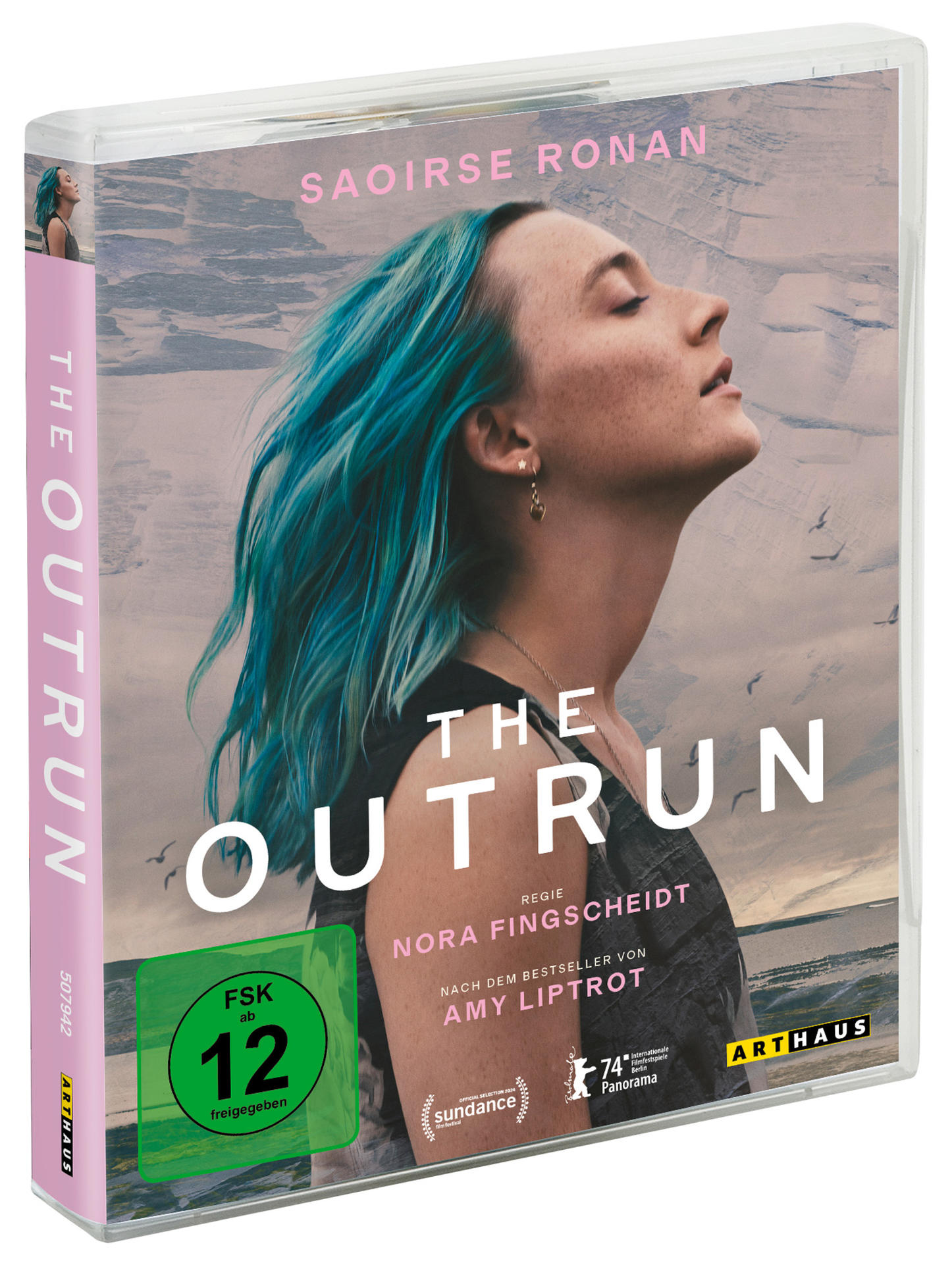 Ein DVD-Cover mit einer Frau mit blauen Haaren, Titel: The Outrun.