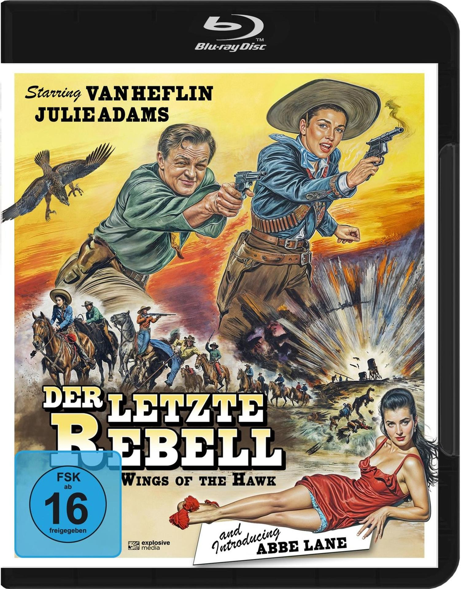 Blu-ray-Cover. Zwei Personen mit Waffen, ein Cowboy auf einem Pferd und eine Frau im roten Kleid. Explosion.