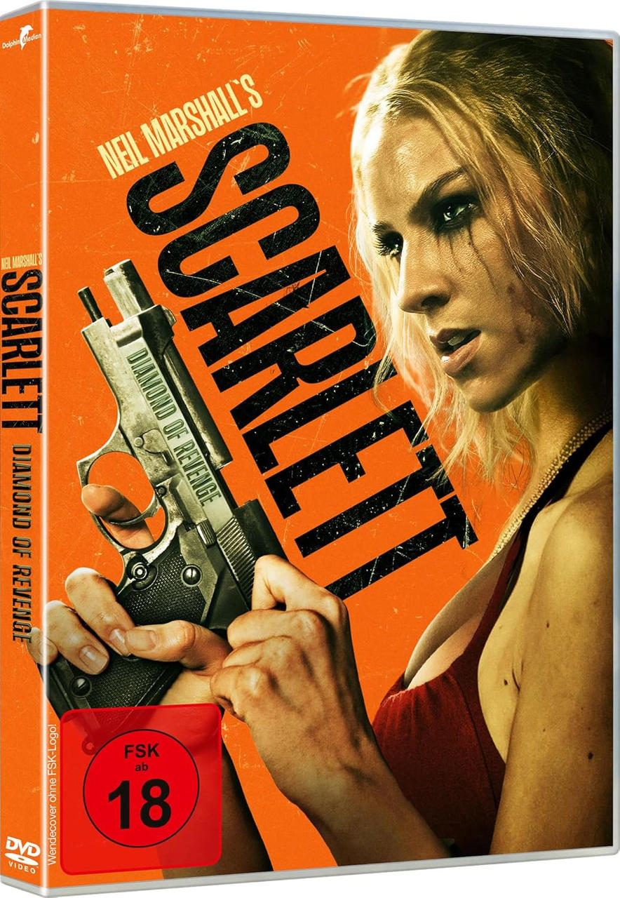 DVD-Cover: Scarlett, blonde Frau hält eine Pistole mit orangefarbenem Hintergrund.