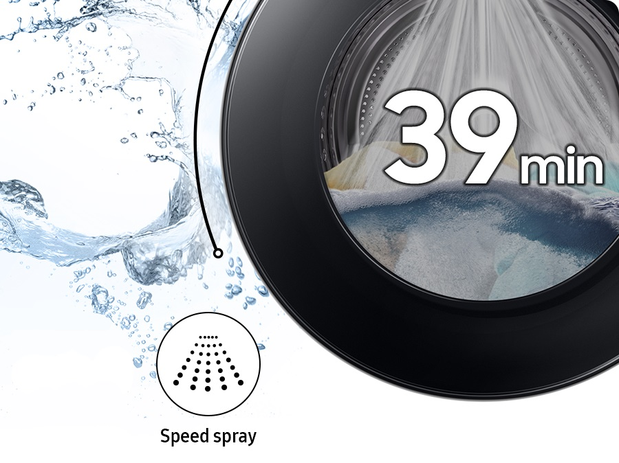Waschmaschine mit schwarzer Tür, zeigt Wasser, das auf Kleidung im Inneren sprüht. Der Timer zeigt 39 Minuten an. Das Geschwindigkeitssprühsymbol wird ebenfalls angezeigt.