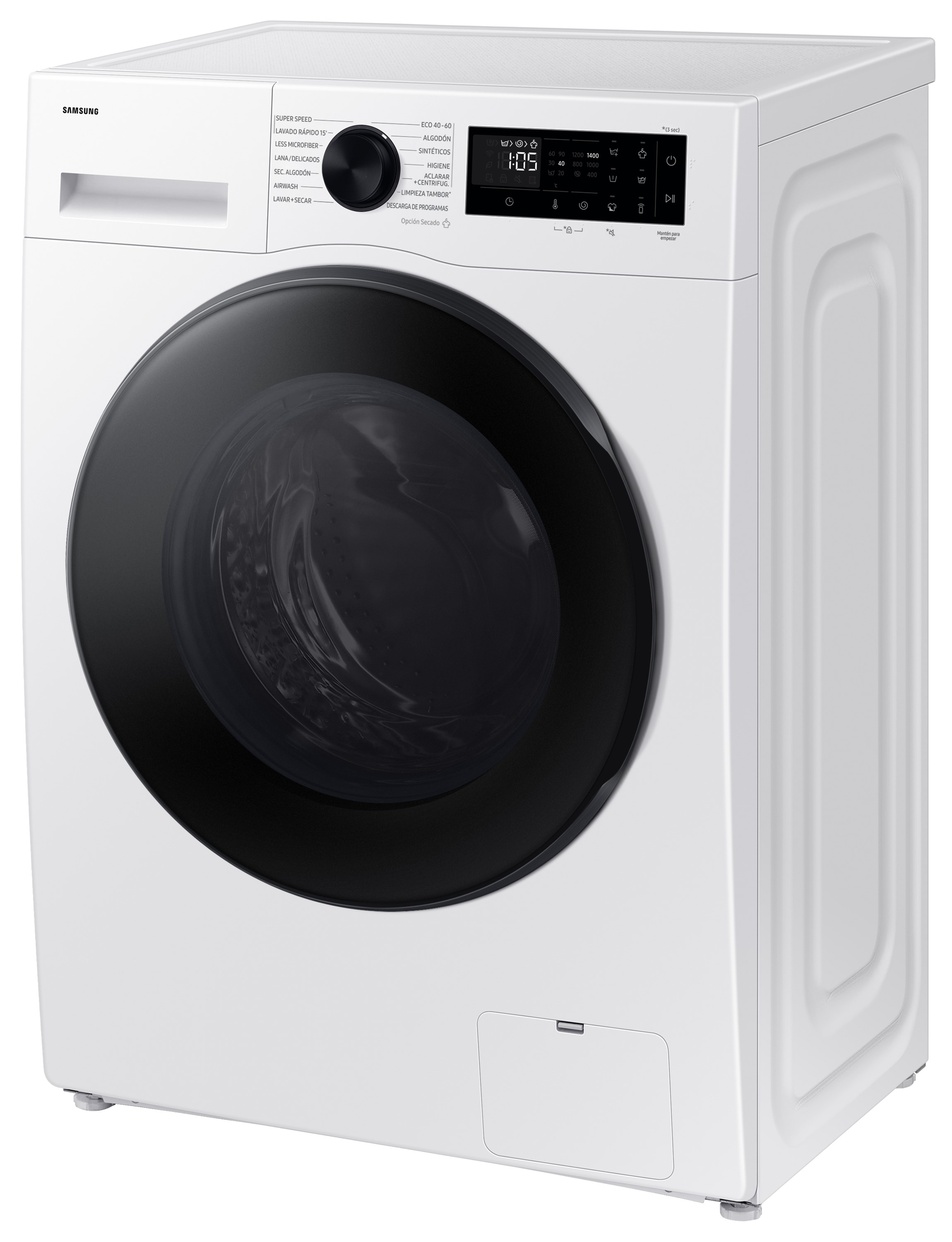 Weiße Samsung Waschmaschine mit schwarzer Tür. Sie hat ein Bedienfeld und verschiedene Programmoptionen.