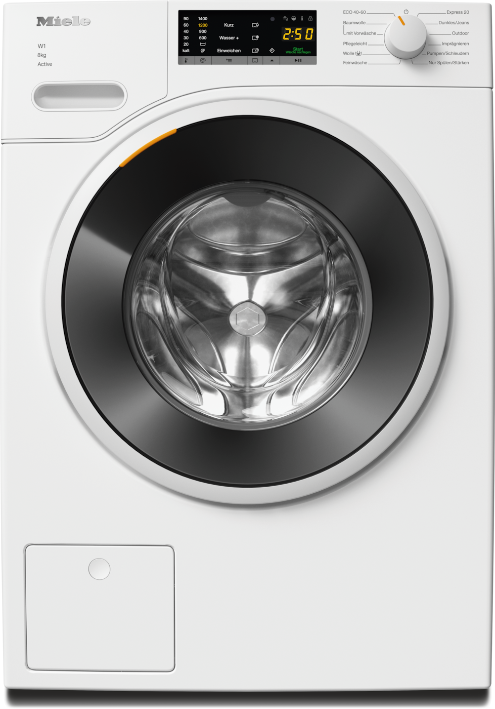 Nahaufnahme der Vorderseite einer weißen Miele Waschmaschine mit geschlossener Tür.