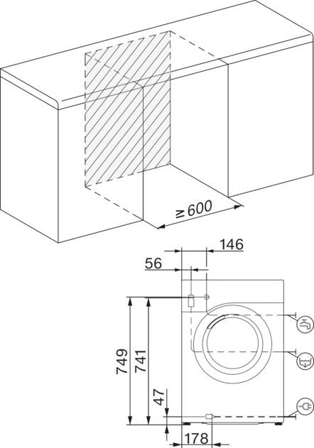 Diagramm einer Miele Waschmaschine unter einer Arbeitsplatte.