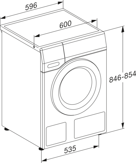Diagramm der Abmessungen einer Miele Waschmaschine.