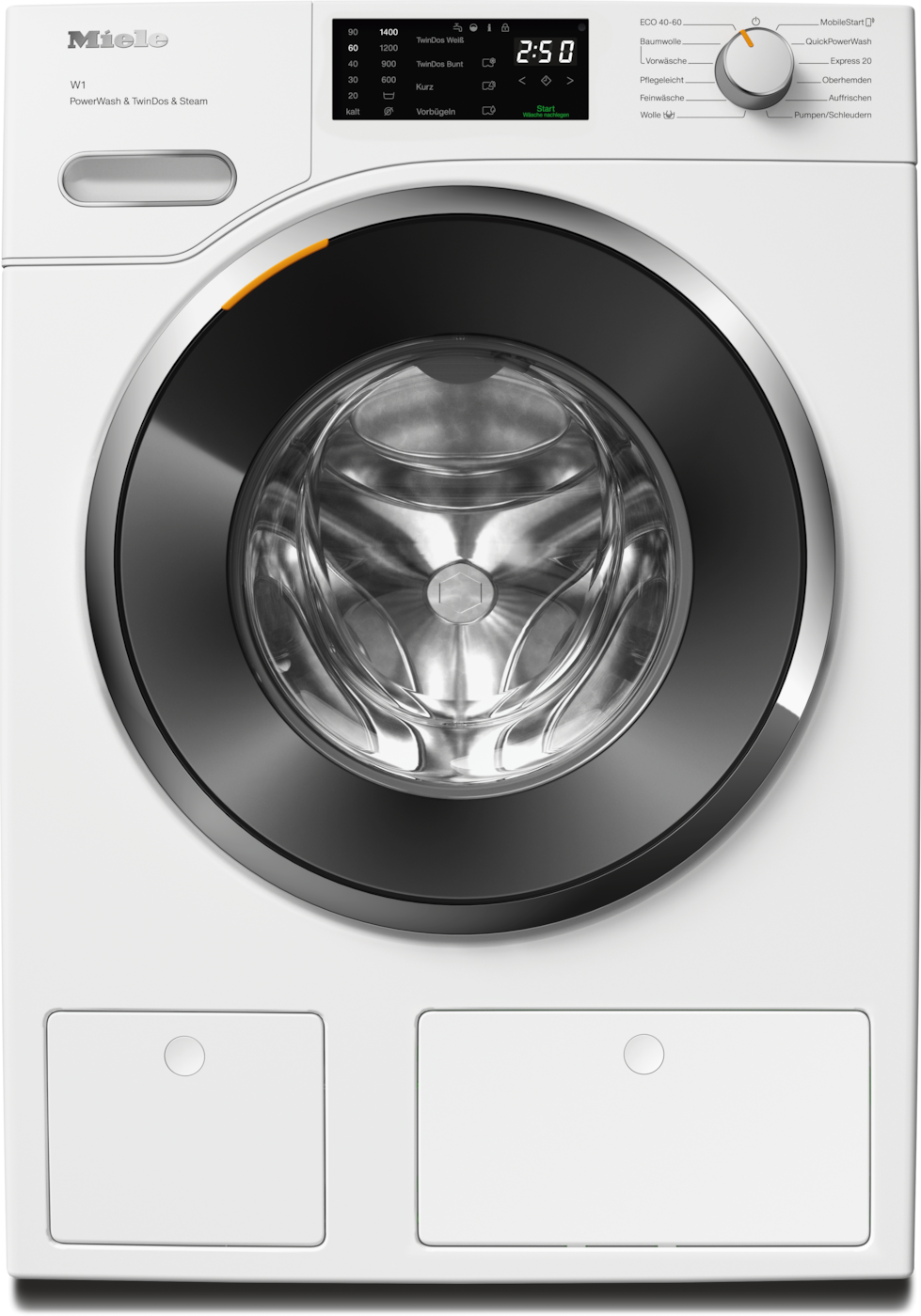 Weiße Miele Waschmaschine mit Tür, Display und Knöpfen. Die Tür hat eine dunkle Blende.