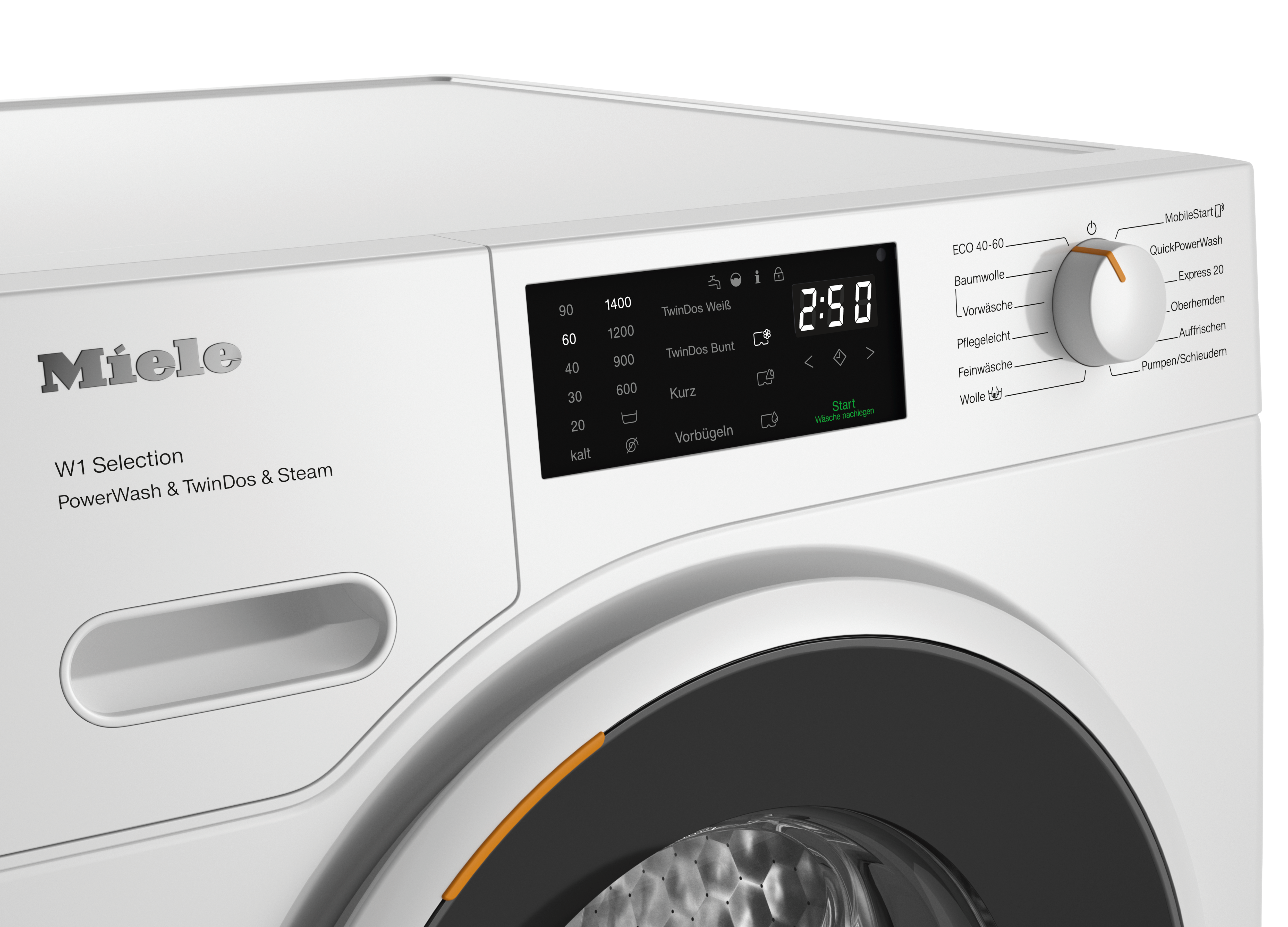 Ein weißes Miele Waschmaschinen-Bedienfeld mit Einstellungen und digitaler Anzeige.