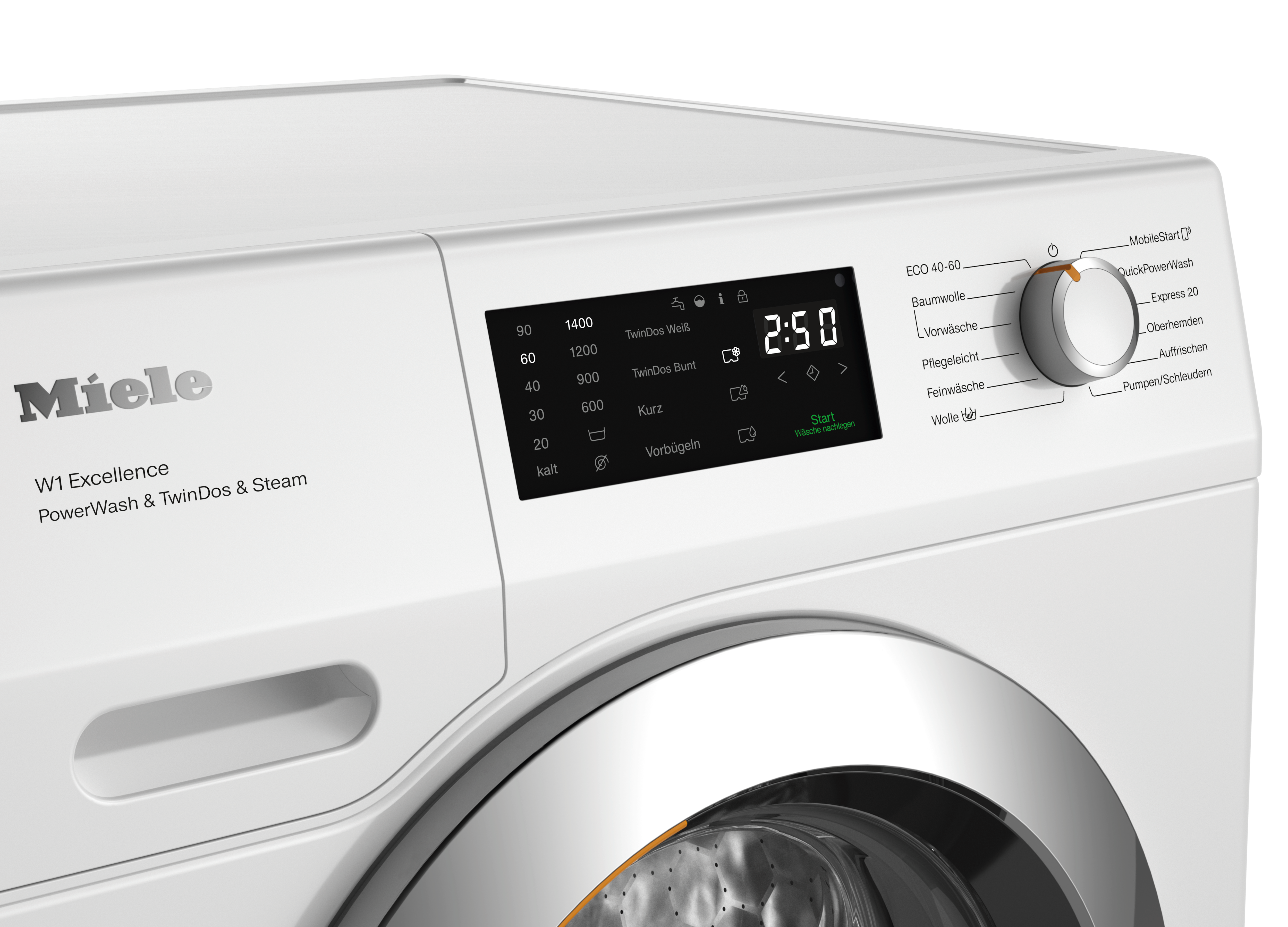 Nahaufnahme des Bedienfelds einer weißen Miele Waschmaschine mit Digitalanzeige und Drehknopf.