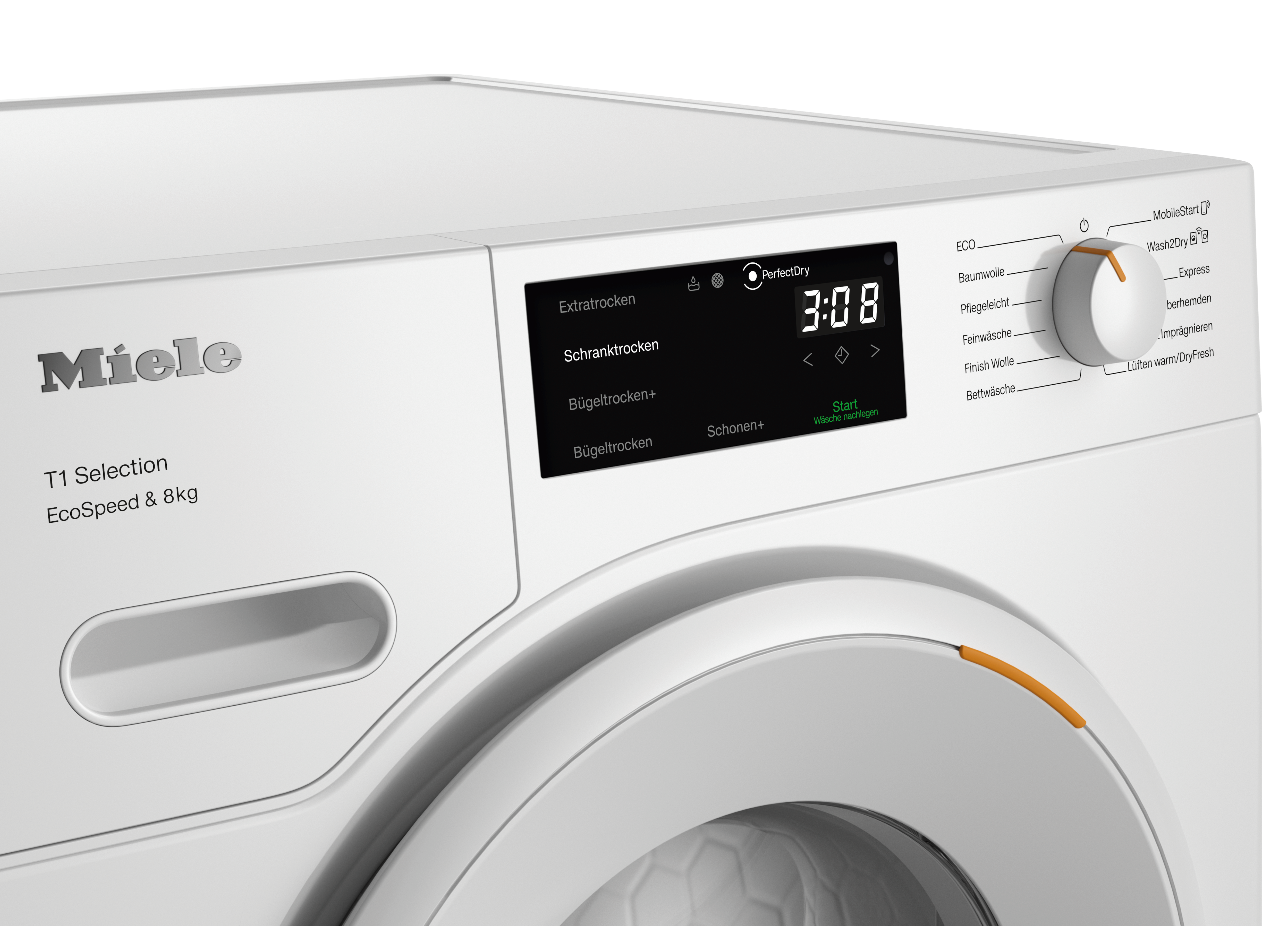 Nahaufnahme des Bedienfelds eines weißen Miele Trockners. Digitalanzeige und Drehknopf.