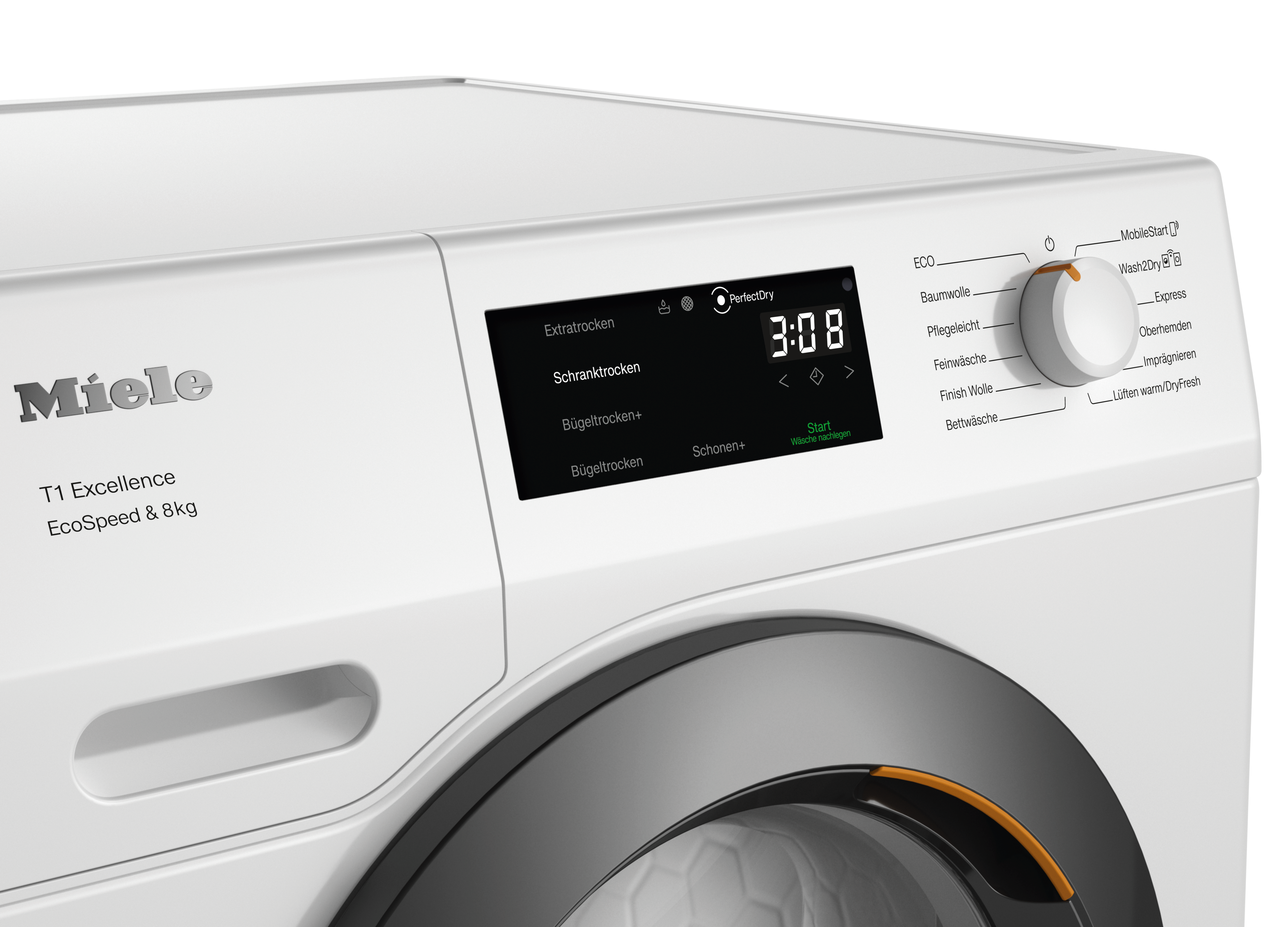 Weiße Miele T1 Excellence Waschmaschine mit digitalem Display, das 3:08 anzeigt.
