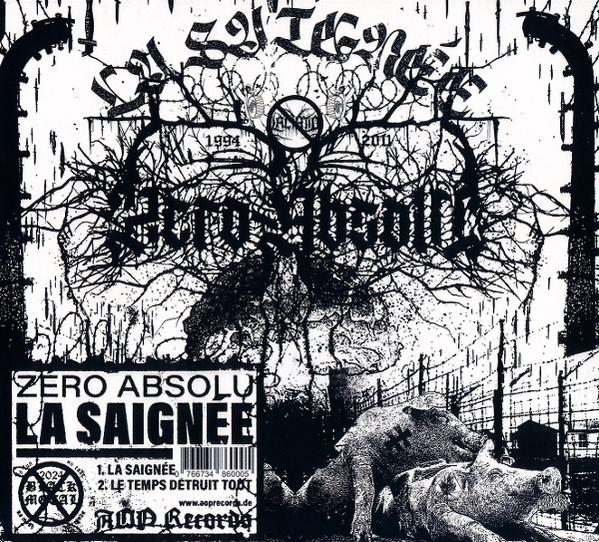 Albumcover mit schwarzem Text, Baum und Schweinen.