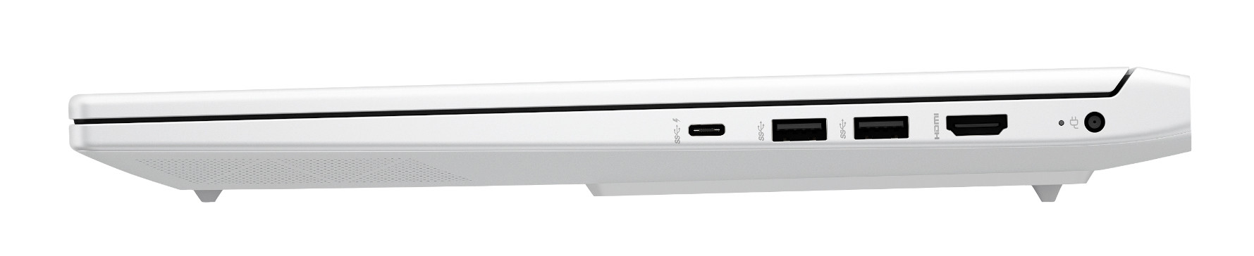 Widok z boku białego laptopa z widocznymi portami: USB-C, USB, HDMI i gniazdo słuchawkowe.