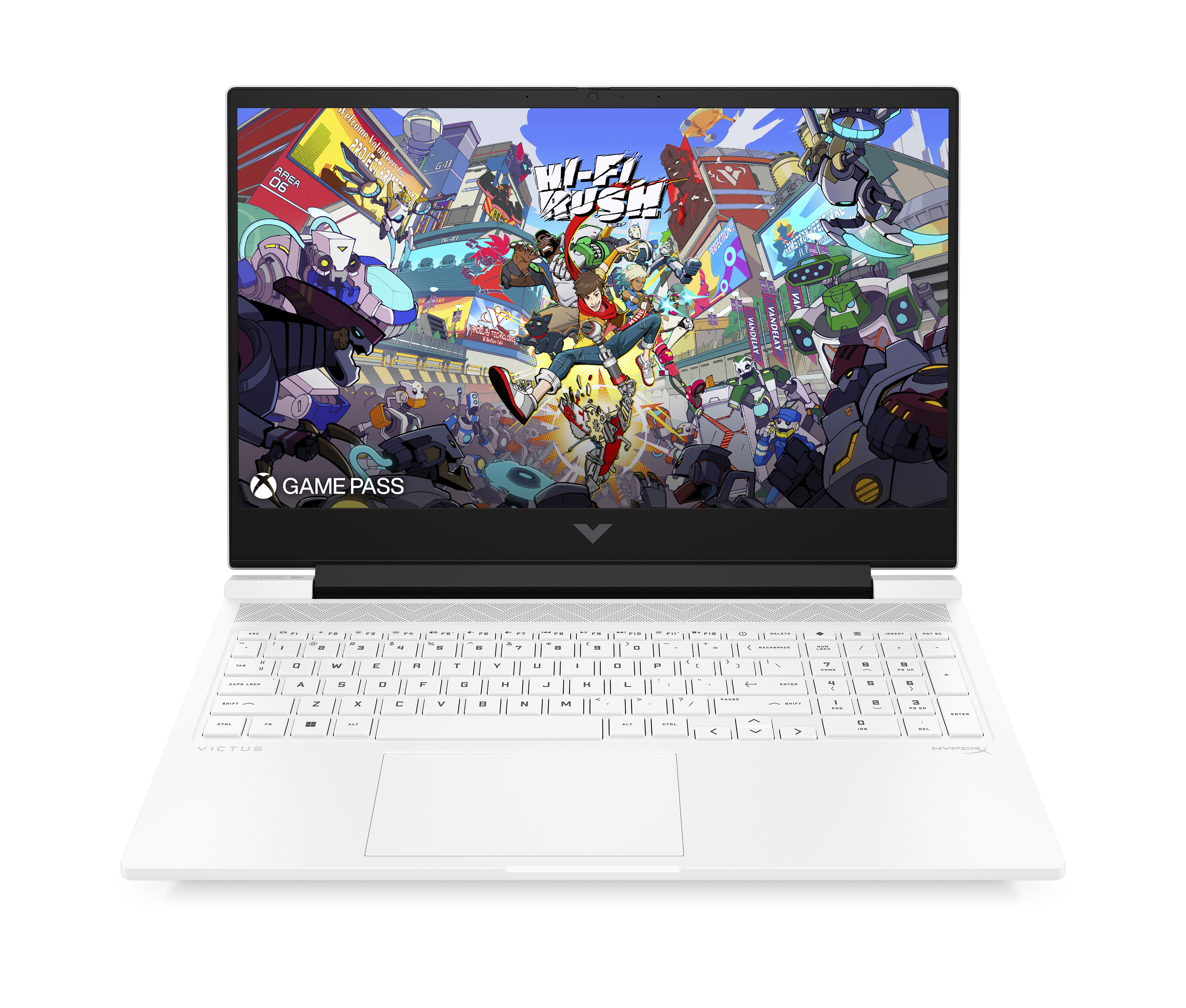 Biały laptop z wyświetlaczem gier, klawiaturą i panelem dotykowym.