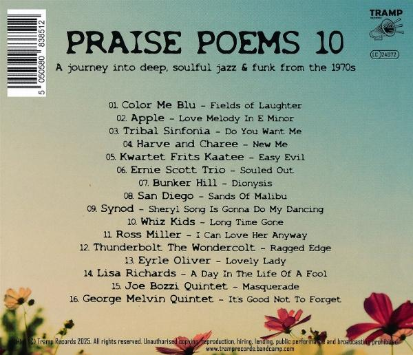 Eine CD-Hülle mit einer Titelliste von Praise Poems 10. Der Hintergrund ist ein farbenfrohes, florales Design.