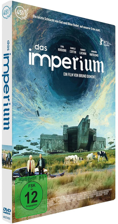 Film-DVD-Cover. Gebäude, Himmel und Menschen. Text auf Deutsch: das Imperium.