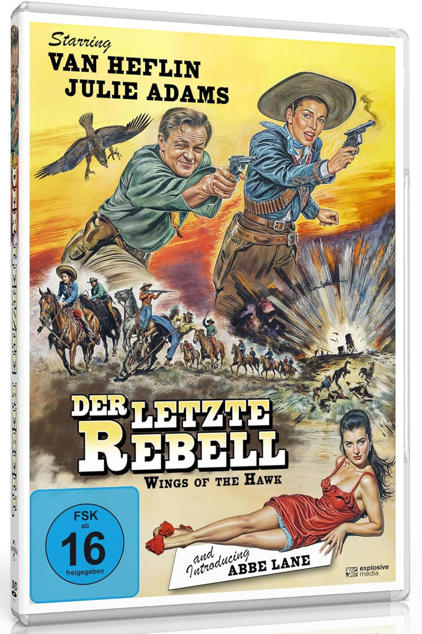 DVD-Hülle mit Filmplakat. Cowboys mit Waffen, eine Frau in Rot und ein Falke.