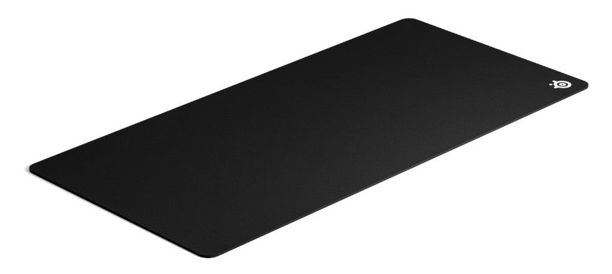 Czarna prostokątna podkładka pod mysz na białym tle, z małym białym logo po prawej stronie u góry.