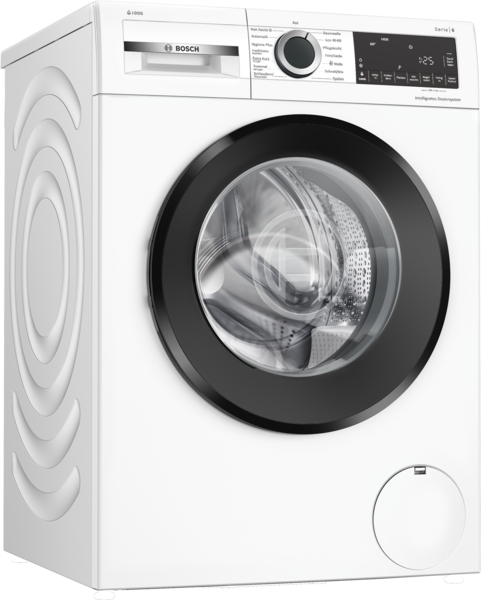 Weiße Bosch Waschmaschine mit schwarzem Türrahmen und Bedienfeld.