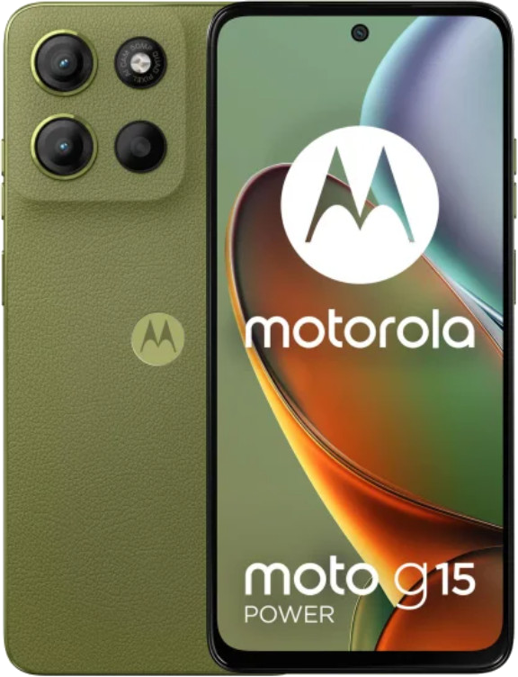 Zielony telefon Motorola z trzema aparatami i dużym logo Moto z tyłu.