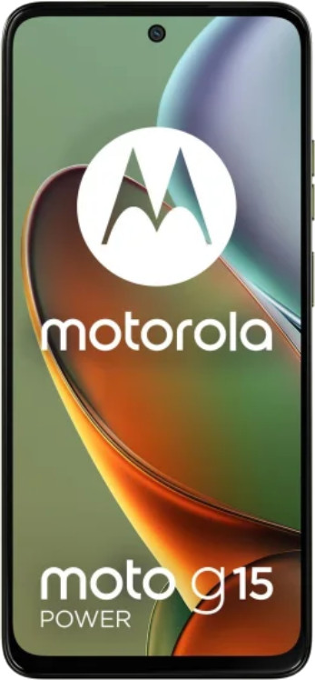 Smartfon Motorola Moto G15 Power, na gradientowym tle.
