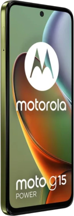 Smartfon Motorola Moto G15, zielona ramka i logo. Telefon ma wielokolorowe tło.