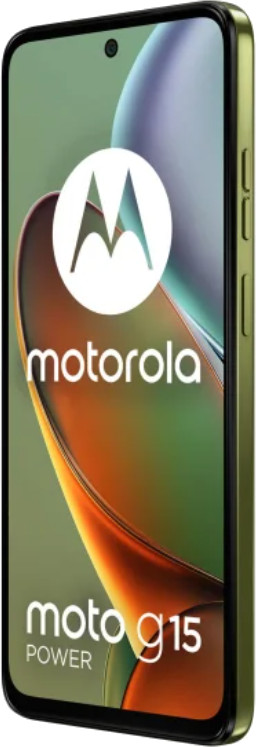 Smartfon Motorola Moto G15, zielona ramka i logo. Telefon ma wielokolorowe tło.