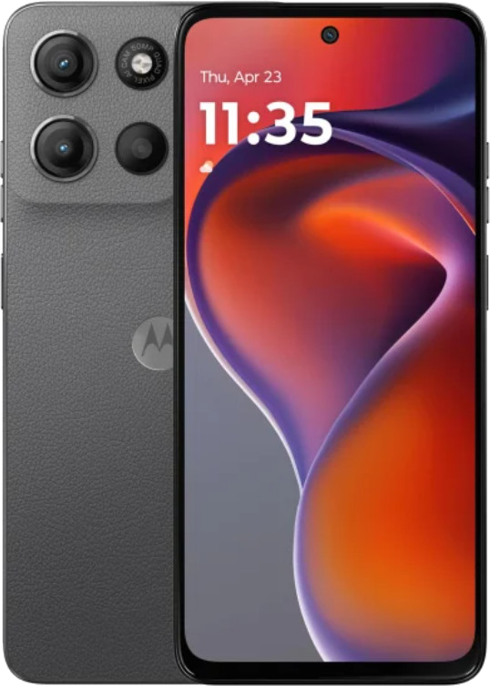 Szary telefon Motorola z trzema tylnymi aparatami i ekranem wyświetlającym informacje.