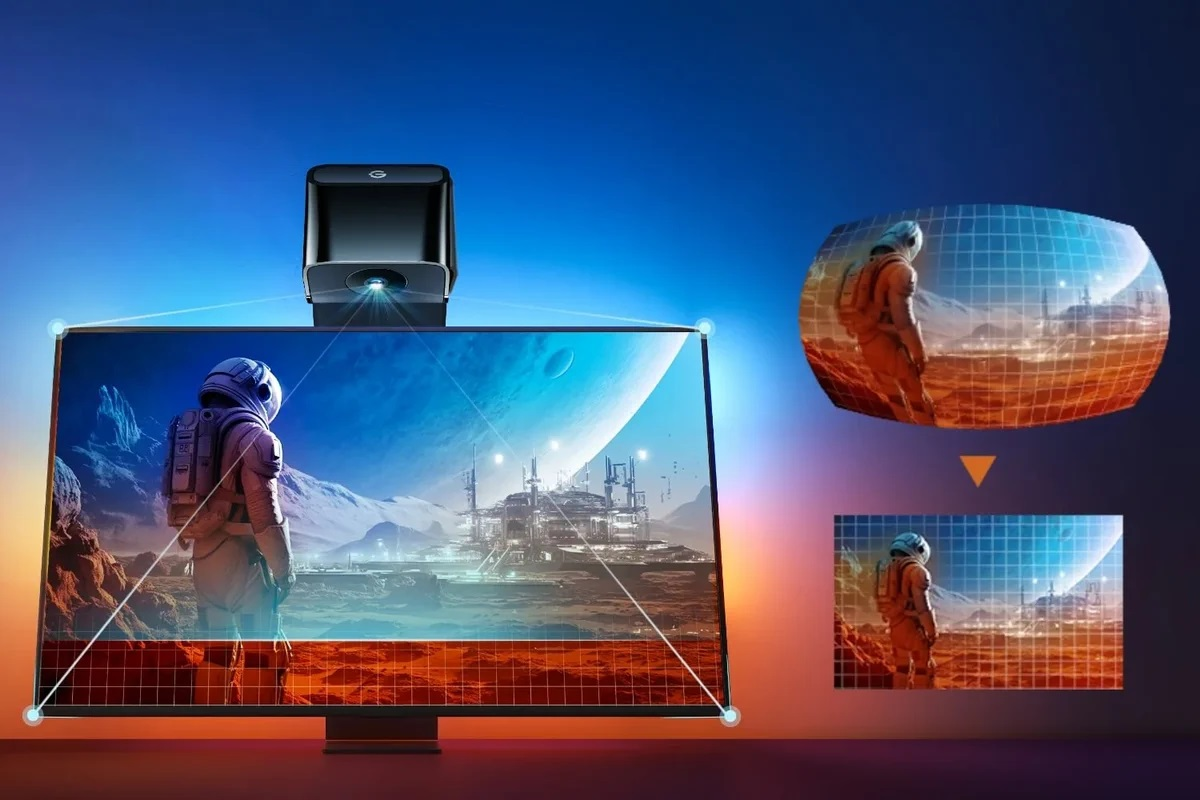 Astronauta na ekranie z projektorem nad nim, pokazujący zniekształcony widok.