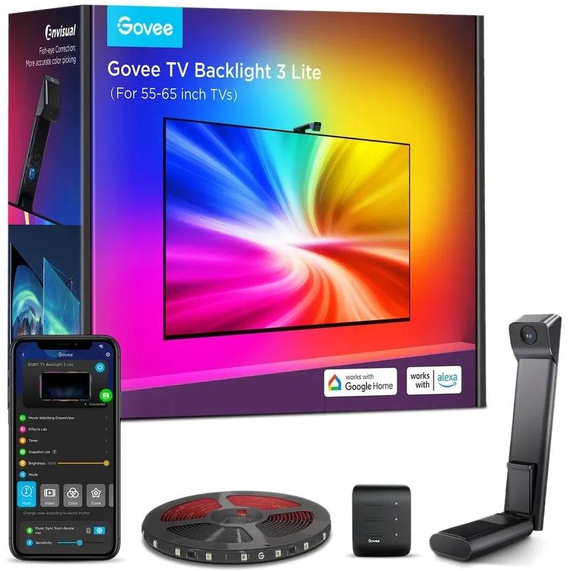 Zestaw podświetlenia Govee TV ze światłami, skrzynką kontrolną i telefonem z aplikacją.