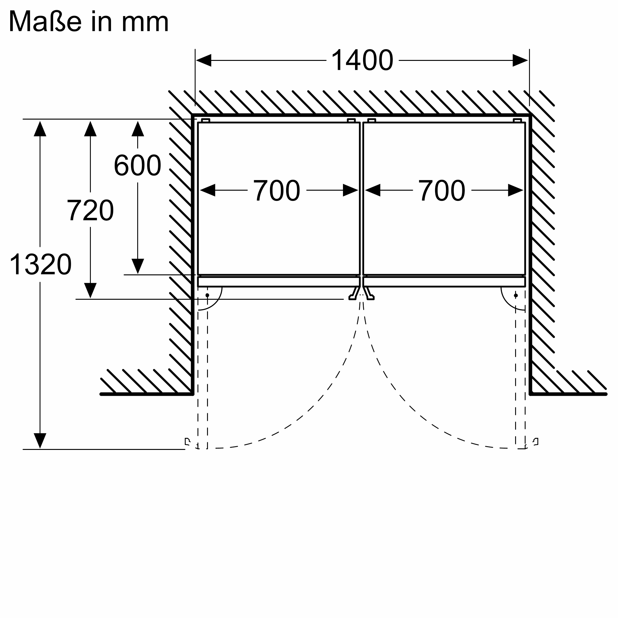 Diagramm von zwei Schränken mit Abmessungen und Türschwenkbereichen.